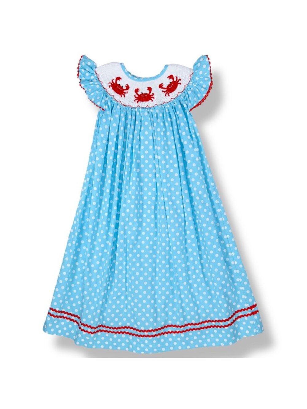 Girls Blue Polka Dot Crab Embroidered Flutter Sleeve Smocked Dress 5